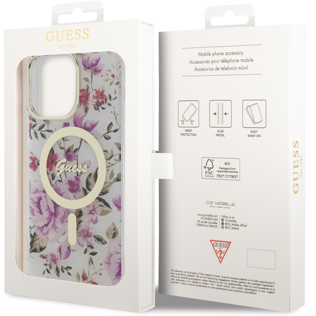 Etui Guess Hardcase Flower MagSafe do iPhone 14 Pro, transparentne z kwiatami
